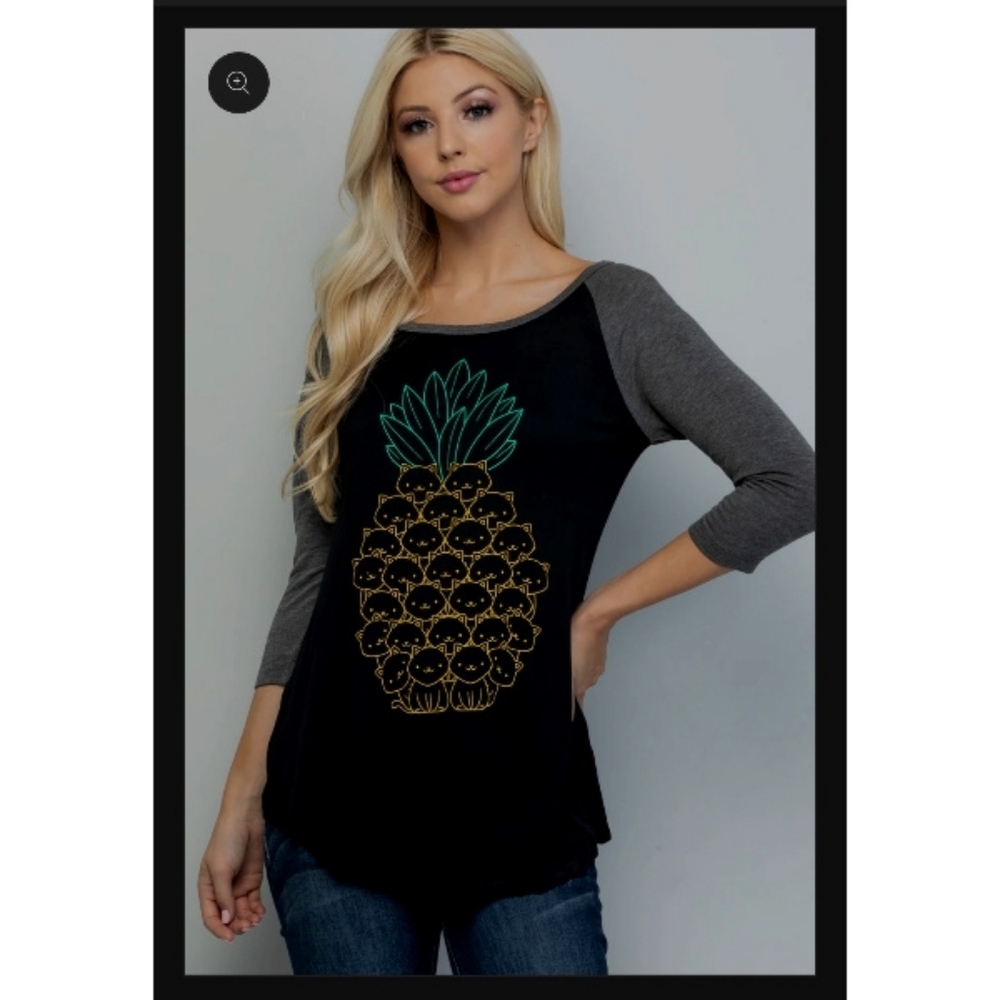 L.A. LA Soul Pineapple Cat Raglan T shirt Baseball Tee Shirt Top S M L NWT New - Picture 2 of 5